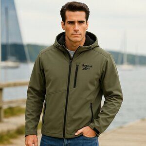 Reebok Men’s L Softshell Hooded Jacket Olive Green Fleece Lined Outdoor Utility